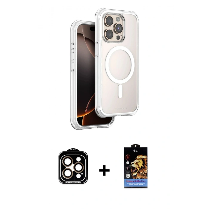 MARSİLYAN™- iPhone 15 Pro Max Kılıf Zirve Klasik Prime - Siyah Buffer Hayalet Cam Ekran Koruyucu + PVD Metal Kamera Lens - TU