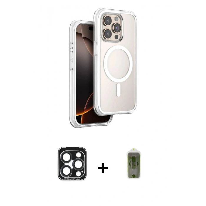 MARSİLYAN™- iPhone 15 Pro Max Kılıf Zirve Klasik Prime - Siyah Joko Magic 5D Hayalet Cam + Lacivert PVD Metal Kamera Lens