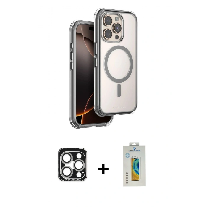 MARSİLYAN™- iPhone 15 Pro Max Kılıf Zirve Klasik Prime - Siyah Polymer Nano Ekran Koruyucu + PVD Metal Kamera Lens - GS