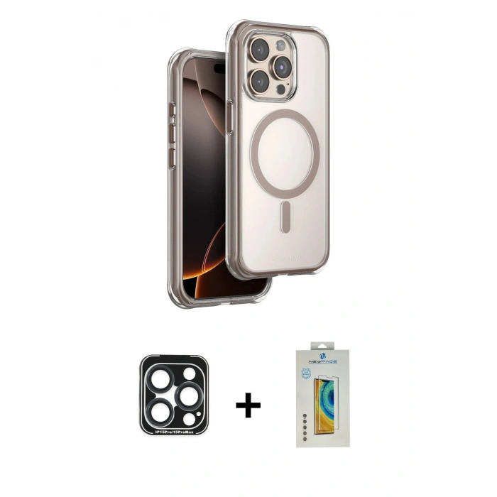MARSİLYAN™- iPhone 15 Pro Max Kılıf Zirve Klasik Prime - Siyah Polymer Nano Ekran Koruyucu + PVD Metal Kamera Lens - LT