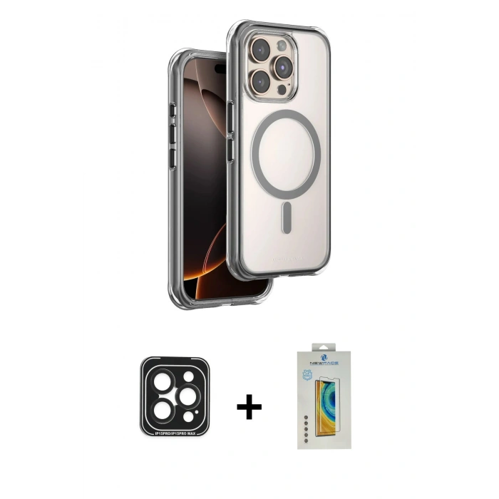 MARSİLYAN™- iPhone 15 Pro Max Kılıf Zirve Klasik Prime - Siyah Polymer Nano Ekran Koruyucu + PVD Metal Kamera Lens - SH