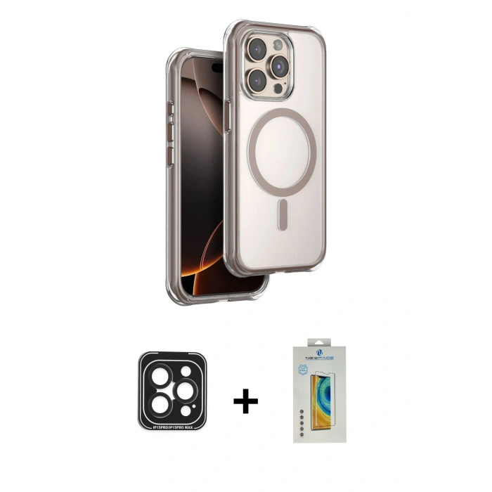 MARSİLYAN™- iPhone 15 Pro Max Kılıf Zirve Klasik Prime - Siyah Polymer Nano Ekran Koruyucu + PVD Metal Kamera Lens - SH