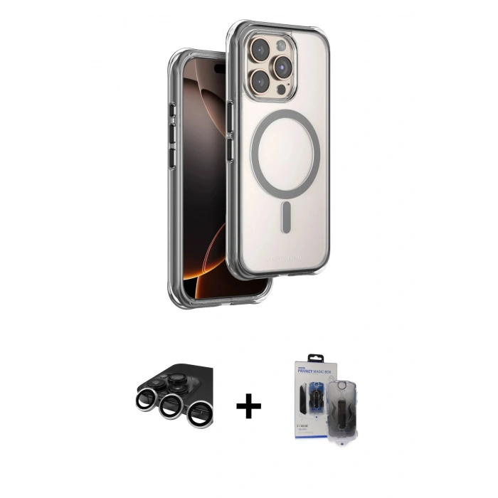 MARSİLYAN™- iPhone 15 Pro Max Kılıf Zirve Klasik Prime - Siyah Vanessa Magic Hayalet Cam + Raze Metal Kamera Lens - GS