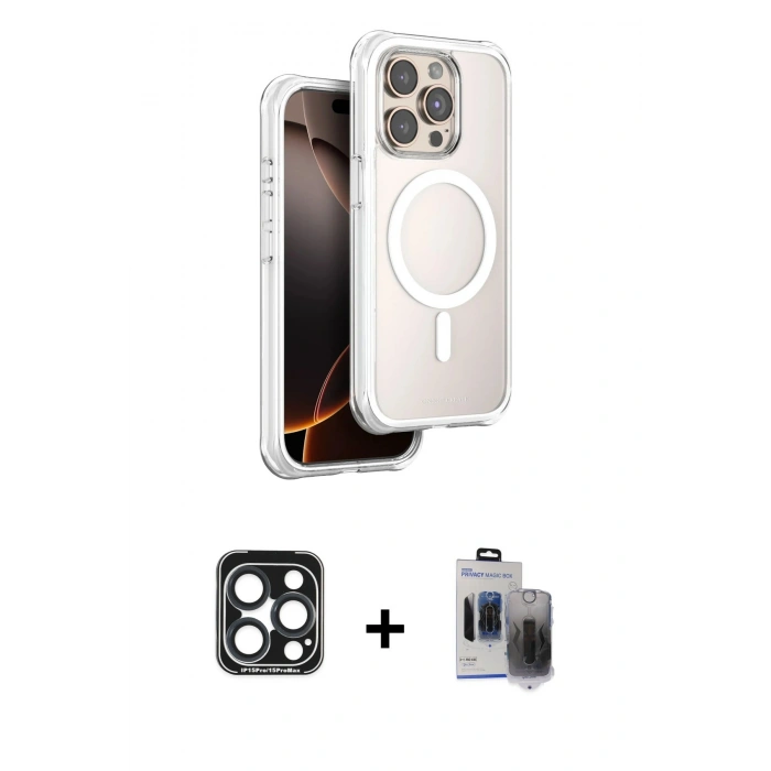 MARSİLYAN™- iPhone 15 Pro Max Kılıf Zirve Klasik Prime - Siyah Vanessa Magic Hayalet Cam + PVD Metal Kamera Lens - LT