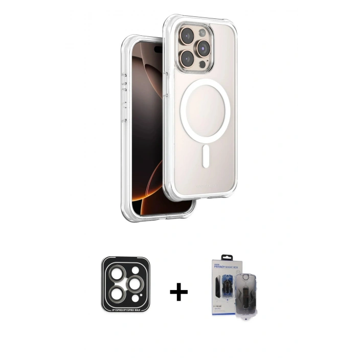 MARSİLYAN™- iPhone 15 Pro Max Kılıf Zirve Klasik Prime - Siyah Vanessa Magic Hayalet Cam + PVD Metal Kamera Lens - GI