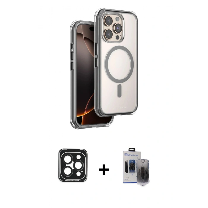 MARSİLYAN™- iPhone 15 Pro Max Kılıf Zirve Klasik Prime - Siyah Vanessa Magic Hayalet Cam + PVD Metal Kamera Lens - SH