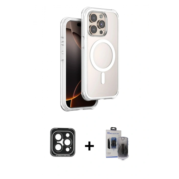 MARSİLYAN™- iPhone 15 Pro Max Kılıf Zirve Klasik Prime - Siyah Vanessa Magic Hayalet Cam + PVD Metal Kamera Lens - SH