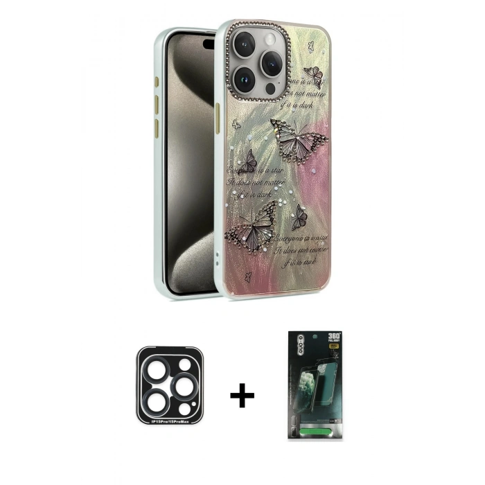 MARSİLYAN™- iPhone 15 Pro Max Kılıf Zirve Modern Prime - Şeffaf 360 Full Body Arka Koruyucu + PVD Metal Kamera Lens - LT