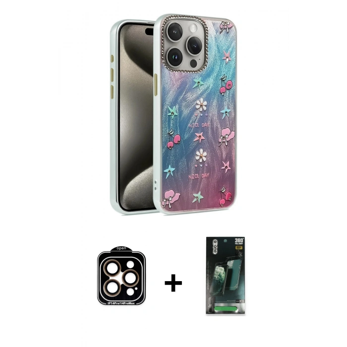 MARSİLYAN™- iPhone 15 Pro Max Kılıf Zirve Modern Prime - Şeffaf 360 Full Body Arka Koruyucu + PVD Metal Kamera Lens - TU