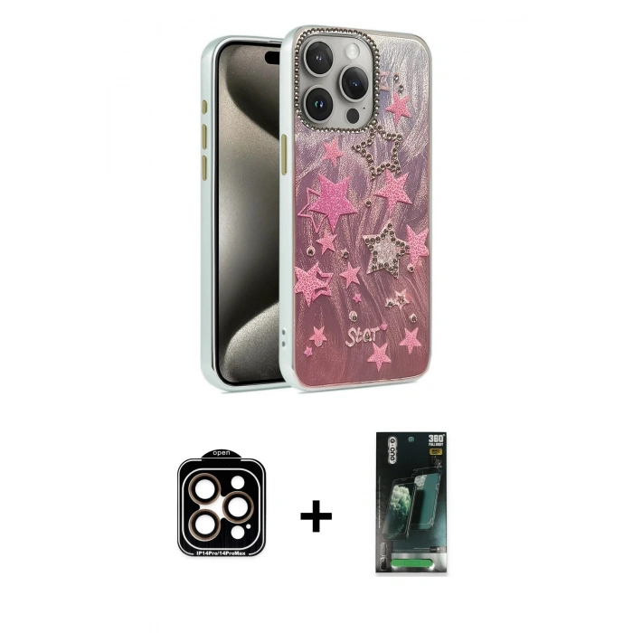 MARSİLYAN™- iPhone 15 Pro Max Kılıf Zirve Modern Prime - Şeffaf 360 Full Body Arka Koruyucu + PVD Metal Kamera Lens - TU