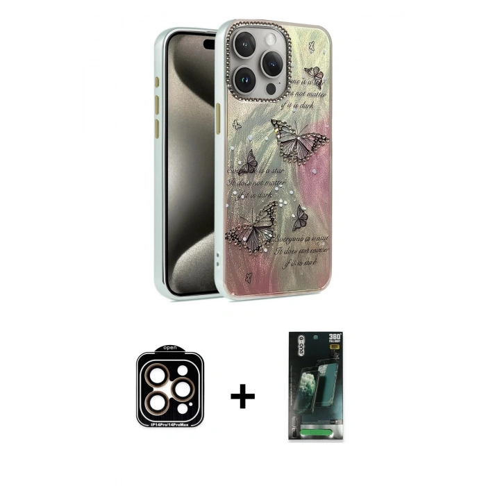 MARSİLYAN™- iPhone 15 Pro Max Kılıf Zirve Modern Prime - Şeffaf 360 Full Body Arka Koruyucu + PVD Metal Kamera Lens - TU