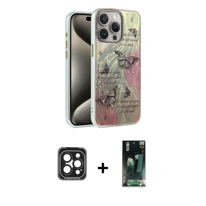 MARSİLYAN™- iPhone 15 Pro Max Kılıf Zirve Modern Prime - Şeffaf 360 Full Body Arka Koruyucu + Siyah PVD Metal Kamera Lens