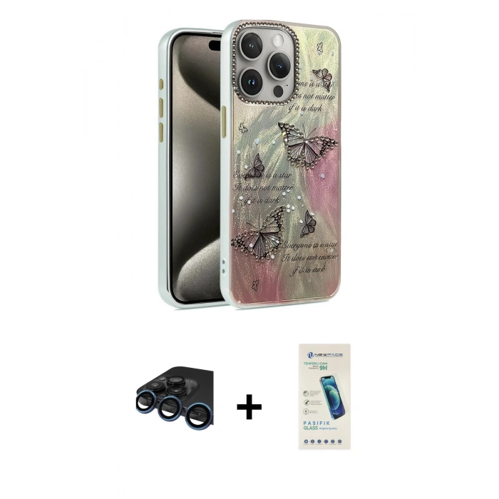 MARSİLYAN™- iPhone 15 Pro Max Kılıf Zirve Modern Prime - Şeffaf Pasifik Cam Ekran Koruyucu + Raze Metal Kamera Lens - LT