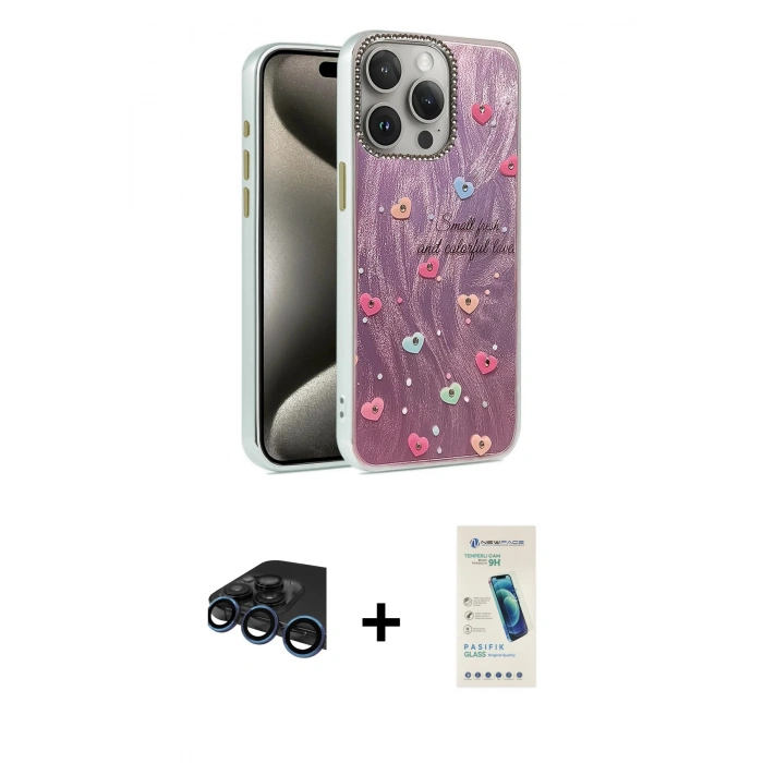 MARSİLYAN™- iPhone 15 Pro Max Kılıf Zirve Modern Prime - Şeffaf Pasifik Cam Ekran Koruyucu + Raze Metal Kamera Lens - LT