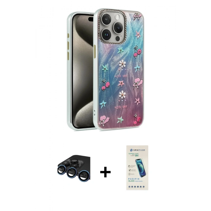 MARSİLYAN™- iPhone 15 Pro Max Kılıf Zirve Modern Prime - Şeffaf Pasifik Cam Ekran Koruyucu + Raze Metal Kamera Lens - LT