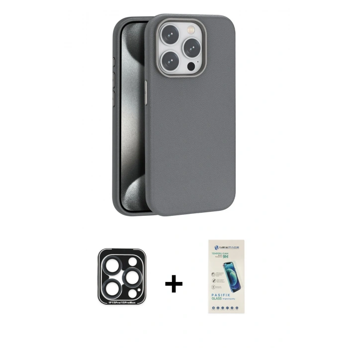 MARSİLYAN™- iPhone 15 Pro Max Kılıf Zirve Modern Prime - Şeffaf Pasifik Cam Ekran Koruyucu + PVD Metal Kamera Lens - LT
