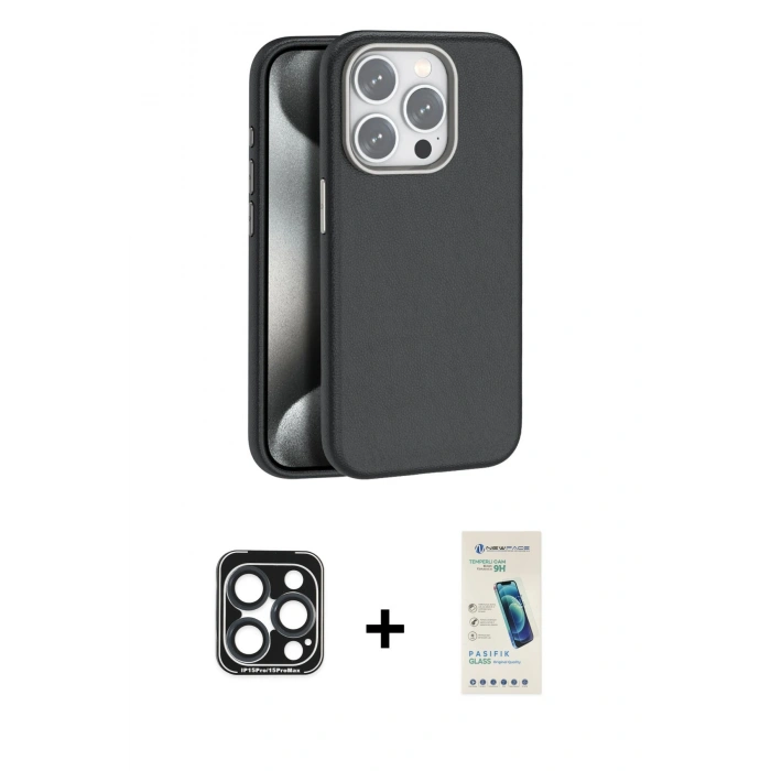 MARSİLYAN™- iPhone 15 Pro Max Kılıf Zirve Modern Prime - Şeffaf Pasifik Cam Ekran Koruyucu + PVD Metal Kamera Lens - LT