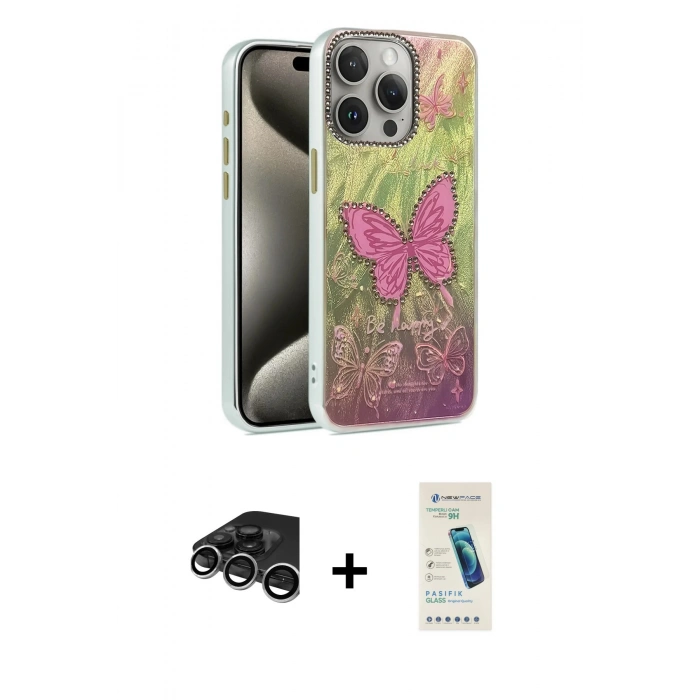 MARSİLYAN™- iPhone 15 Pro Max Kılıf Zirve Modern Prime - Şeffaf Pasifik Cam Ekran Koruyucu + Raze Metal Kamera Lens - GS