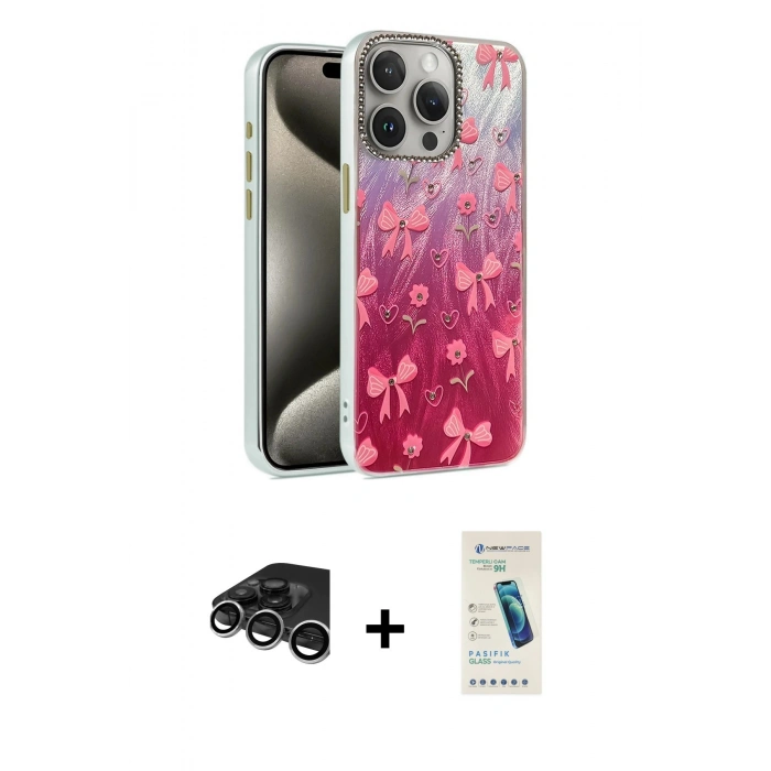 MARSİLYAN™- iPhone 15 Pro Max Kılıf Zirve Modern Prime - Şeffaf Pasifik Cam Ekran Koruyucu + Raze Metal Kamera Lens - GS