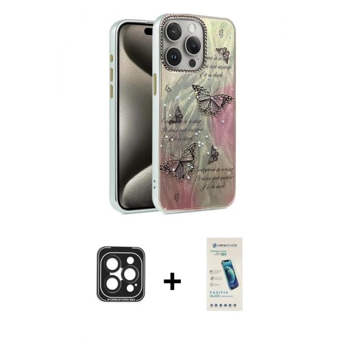 MARSİLYAN™- iPhone 15 Pro Max Kılıf Zirve Modern Prime - Şeffaf Pasifik Cam Ekran Koruyucu + Siyah PVD Metal Kamera Lens