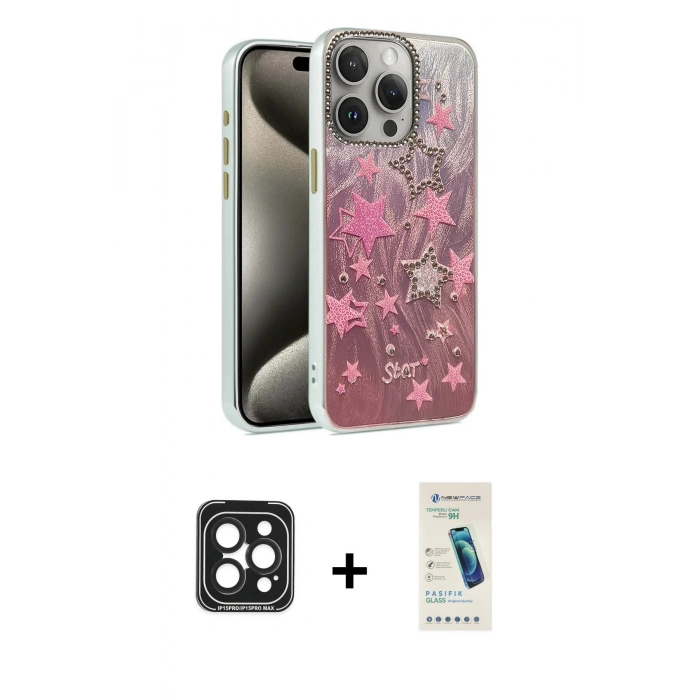 MARSİLYAN™- iPhone 15 Pro Max Kılıf Zirve Modern Prime - Şeffaf Pasifik Cam Ekran Koruyucu + Siyah PVD Metal Kamera Lens