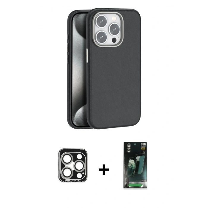 MARSİLYAN™- iPhone 15 Pro Max Kılıf Zirve Modern Prime - Siyah 360 Mat Full Body Arka Koruyucu + Gümüş PVD Metal Kamera Lens