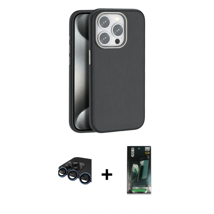 MARSİLYAN™- iPhone 15 Pro Max Kılıf Zirve Modern Prime - Siyah 360 Mat Full Body Arka Koruyucu + Raze Metal Kamera Lens - LT