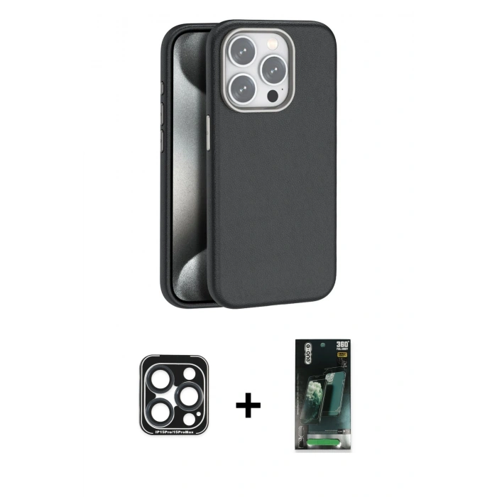 MARSİLYAN™- iPhone 15 Pro Max Kılıf Zirve Modern Prime - Siyah 360 Mat Full Body Arka Koruyucu + PVD Metal Kamera Lens - LT