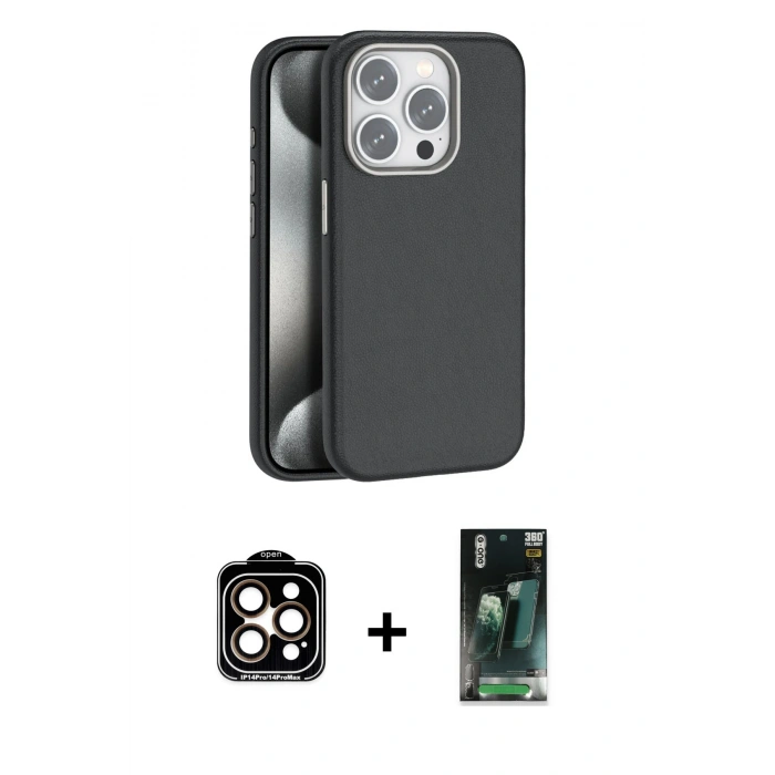 MARSİLYAN™- iPhone 15 Pro Max Kılıf Zirve Modern Prime - Siyah 360 Mat Full Body Arka Koruyucu + PVD Metal Kamera Lens - TU