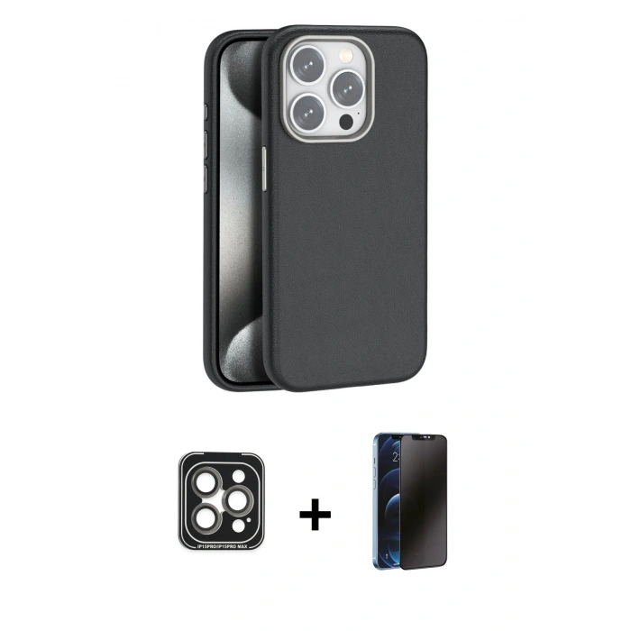 MARSİLYAN™- iPhone 15 Pro Max Kılıf Zirve Modern Prime - Siyah 3D Antistatik Hayalet Cam Ekran Koruyucu + PVD Metal Kamera Lens - GI