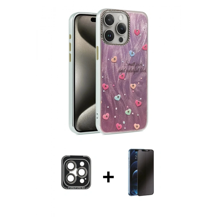 MARSİLYAN™- iPhone 15 Pro Max Kılıf Zirve Modern Prime - Siyah 3D Antistatik Hayalet Cam Ekran Koruyucu + PVD Metal Kamera Lens - GI