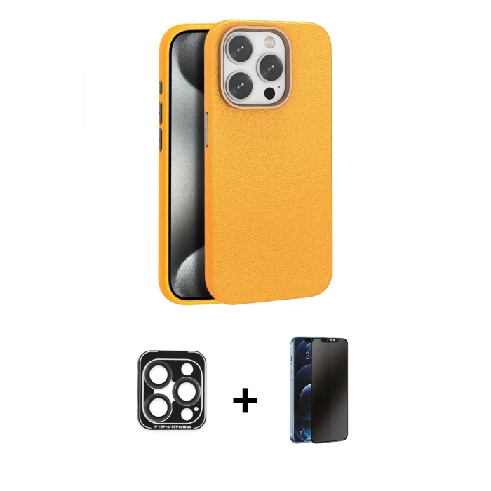 MARSİLYAN™- iPhone 15 Pro Max Kılıf Zirve Modern Prime - Siyah 3D Antistatik Hayalet Cam Ekran Koruyucu + PVD Metal Kamera Lens - LT