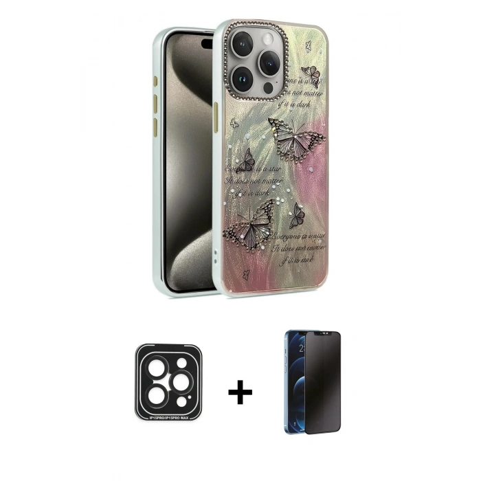 MARSİLYAN™- iPhone 15 Pro Max Kılıf Zirve Modern Prime - Siyah 3D Antistatik Hayalet Cam Ekran Koruyucu + PVD Metal Kamera Lens - SH