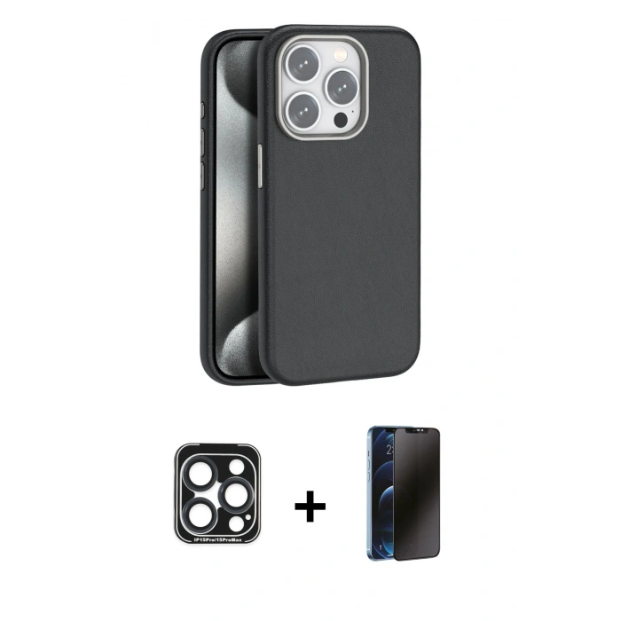 MARSİLYAN™- iPhone 15 Pro Max Kılıf Zirve Modern Prime - Siyah 3D Antistatik Hayalet Cam Ekran Koruyucu + PVD Metal Kamera Lens - LT