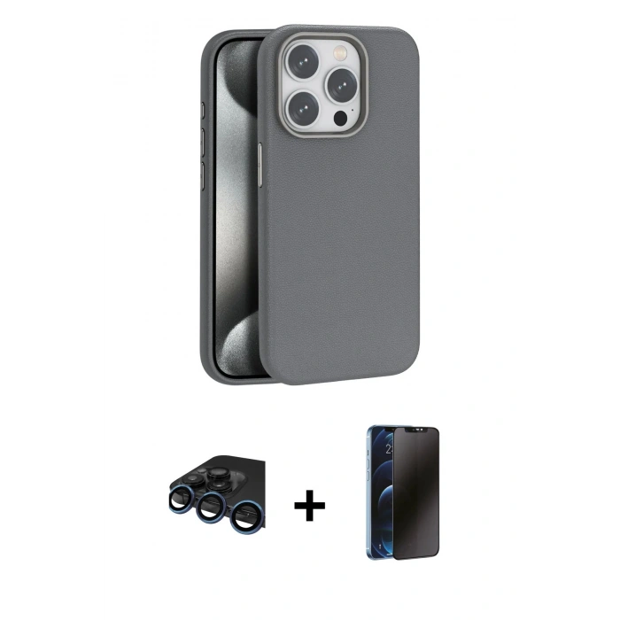 MARSİLYAN™- iPhone 15 Pro Max Kılıf Zirve Modern Prime - Siyah 3D Antistatik Hayalet Cam Ekran Koruyucu + Raze Metal Kamera Lens - LT