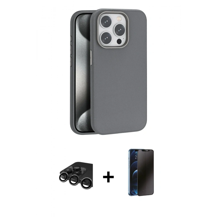 MARSİLYAN™- iPhone 15 Pro Max Kılıf Zirve Modern Prime - Siyah 3D Antistatik Hayalet Cam Ekran Koruyucu + Raze Metal Kamera Lens - TMGI