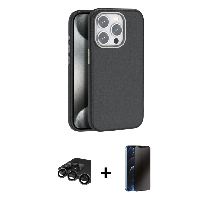 MARSİLYAN™- iPhone 15 Pro Max Kılıf Zirve Modern Prime - Siyah 3D Antistatik Hayalet Cam Ekran Koruyucu + Raze Metal Kamera Lens - TMGI