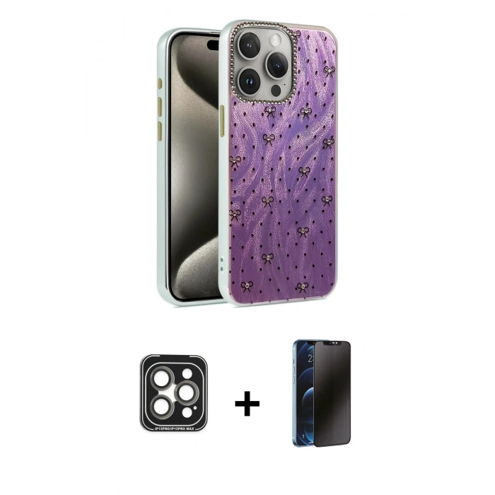 MARSİLYAN™- iPhone 15 Pro Max Kılıf Zirve Modern Prime - Siyah 3D Antistatik Hayalet Cam Ekran Koruyucu + PVD Metal Kamera Lens - GI