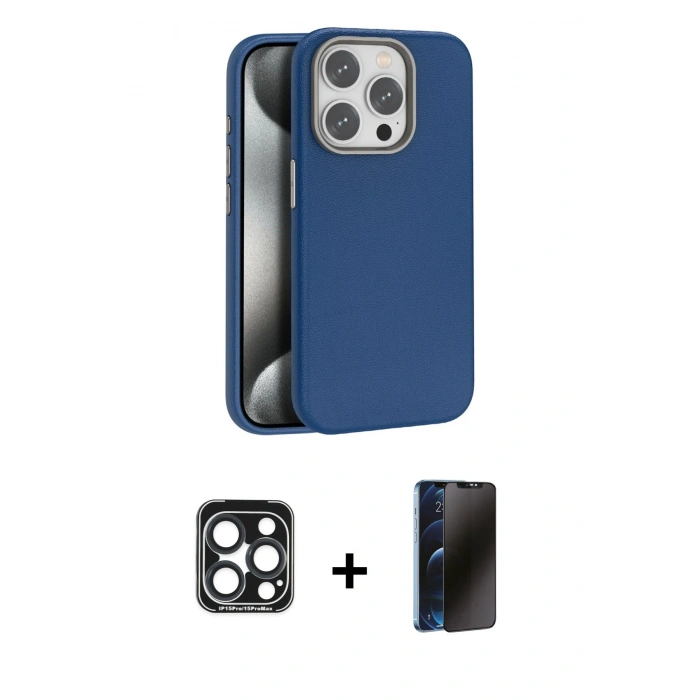 MARSİLYAN™- iPhone 15 Pro Max Kılıf Zirve Modern Prime - Siyah 3D Antistatik Hayalet Cam Ekran Koruyucu + PVD Metal Kamera Lens - LT