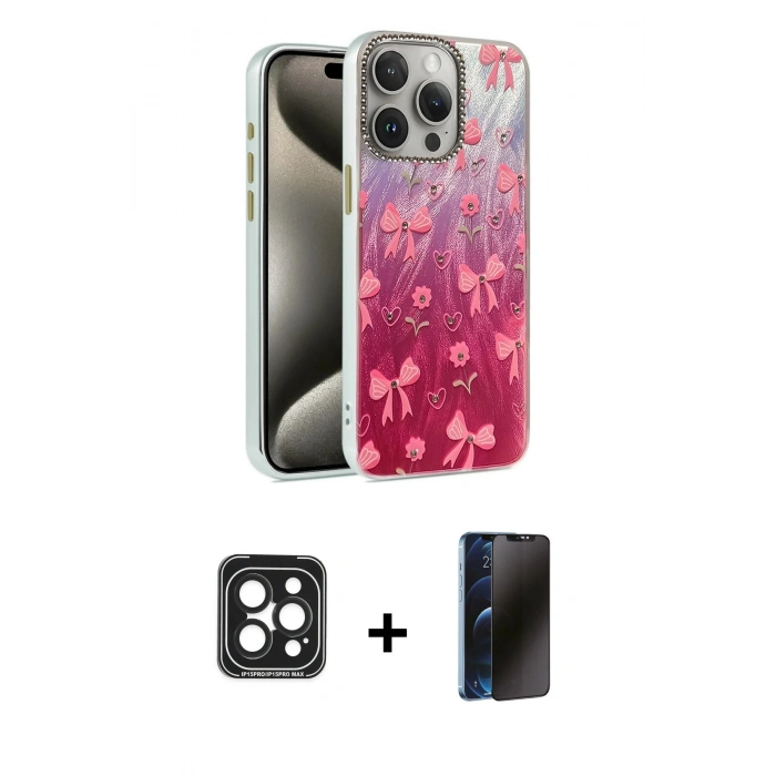 MARSİLYAN™- iPhone 15 Pro Max Kılıf Zirve Modern Prime - Siyah 3D Antistatik Hayalet Cam Ekran Koruyucu + PVD Metal Kamera Lens - SH