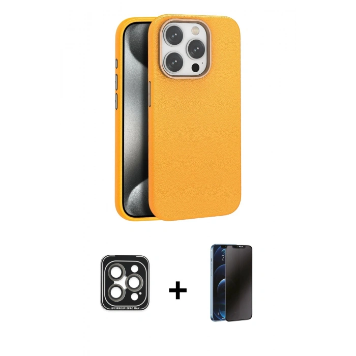 MARSİLYAN™- iPhone 15 Pro Max Kılıf Zirve Modern Prime - Siyah 3D Antistatik Hayalet Cam Ekran Koruyucu + PVD Metal Kamera Lens - GI
