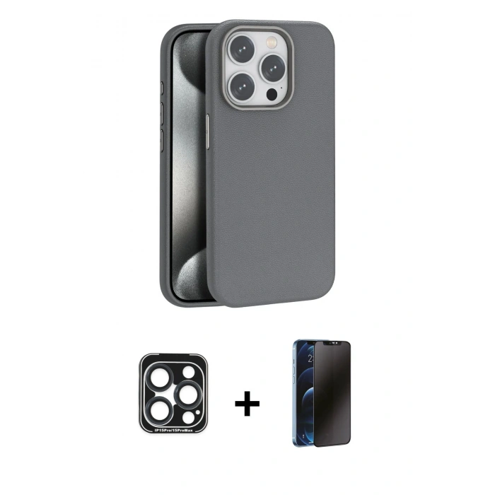 MARSİLYAN™- iPhone 15 Pro Max Kılıf Zirve Modern Prime - Siyah 3D Antistatik Hayalet Cam Ekran Koruyucu + PVD Metal Kamera Lens - LT