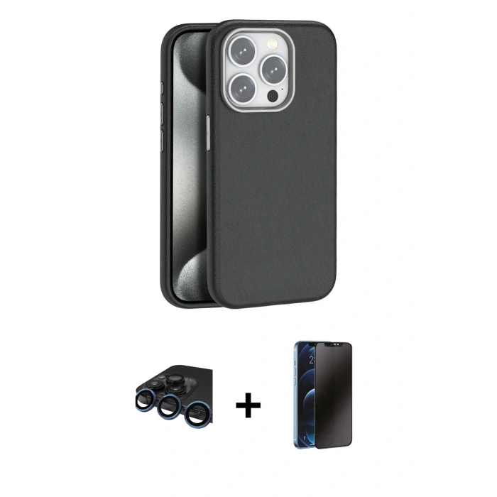 MARSİLYAN™- iPhone 15 Pro Max Kılıf Zirve Modern Prime - Siyah 3D Antistatik Hayalet Cam Ekran Koruyucu + Raze Metal Kamera Lens - LT