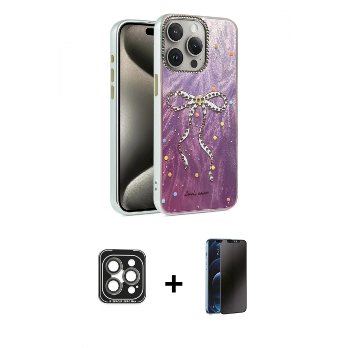 MARSİLYAN™- iPhone 15 Pro Max Kılıf Zirve Modern Prime - Siyah 3D Antistatik Hayalet Cam Ekran Koruyucu + PVD Metal Kamera Lens - GI