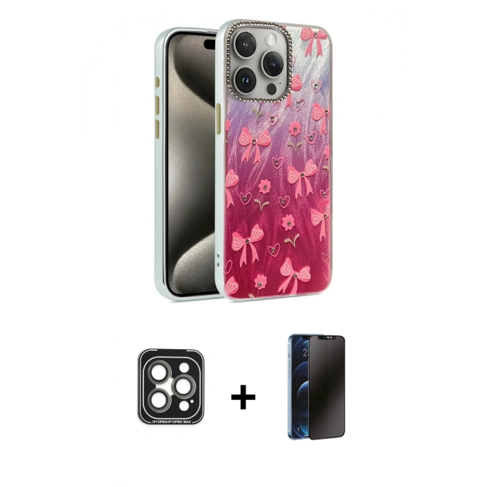 MARSİLYAN™- iPhone 15 Pro Max Kılıf Zirve Modern Prime - Siyah 3D Antistatik Hayalet Cam Ekran Koruyucu + PVD Metal Kamera Lens - GI
