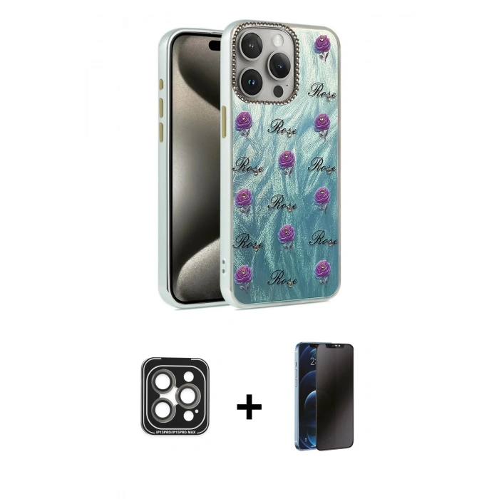 MARSİLYAN™- iPhone 15 Pro Max Kılıf Zirve Modern Prime - Siyah 3D Antistatik Hayalet Cam Ekran Koruyucu + PVD Metal Kamera Lens - GI