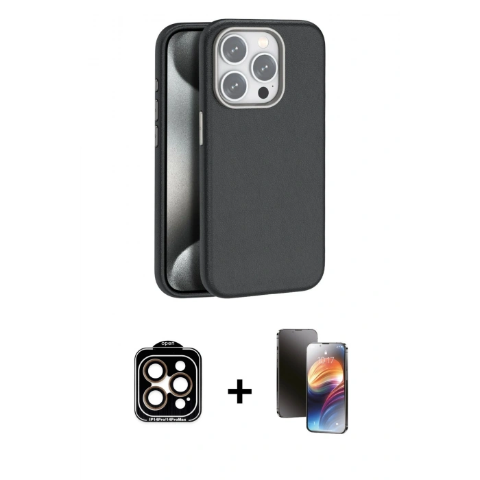 MARSİLYAN™- iPhone 15 Pro Max Kılıf Zirve Modern Prime - Siyah 3D Antistatik Mat Seramik Nano Ekran Koruyucu + PVD Metal Kamera Lens - TU