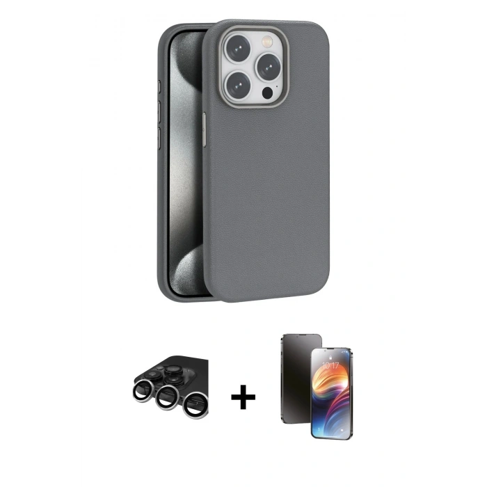 MARSİLYAN™- iPhone 15 Pro Max Kılıf Zirve Modern Prime - Siyah 3D Antistatik Mat Seramik Nano Ekran Koruyucu + Gümüş Raze Metal Kamera Lens