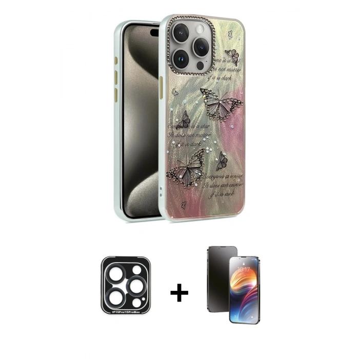 MARSİLYAN™- iPhone 15 Pro Max Kılıf Zirve Modern Prime - Siyah 3D Antistatik Mat Seramik Nano Ekran Koruyucu + PVD Metal Kamera Lens - LT