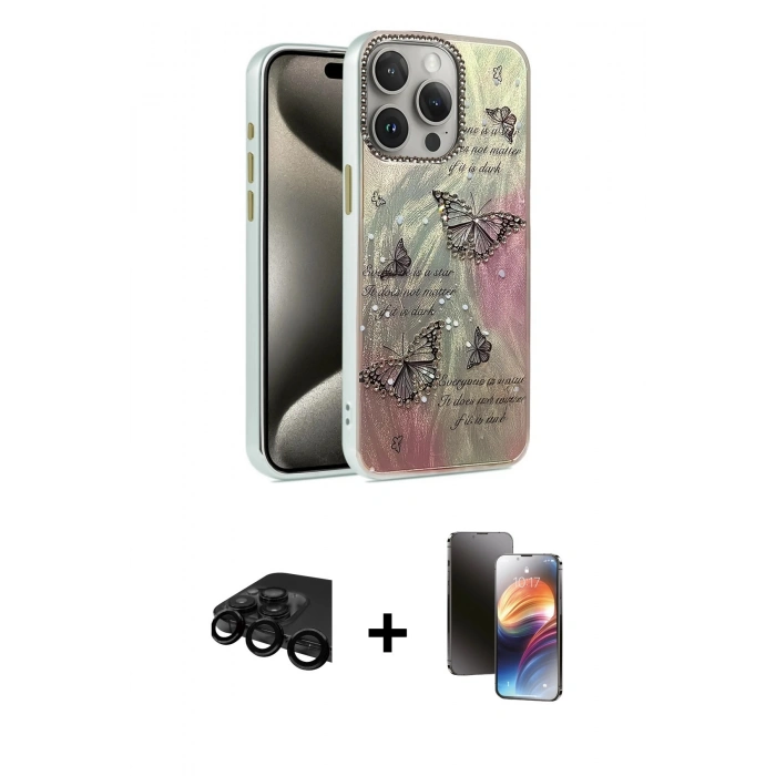MARSİLYAN™- iPhone 15 Pro Max Kılıf Zirve Modern Prime - Siyah 3D Antistatik Mat Seramik Nano Ekran Koruyucu + Raze Metal Kamera Lens - SH